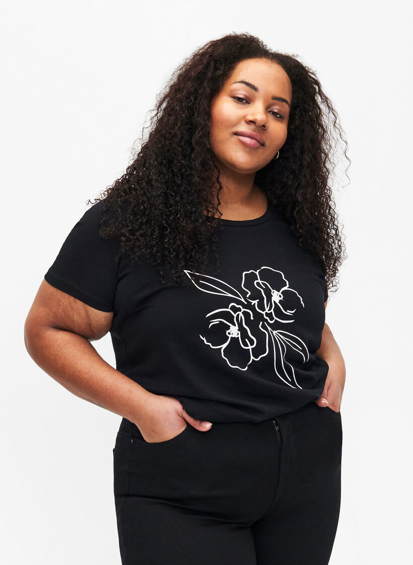 T-shirt en coton avec motif, Black w. Flower, Model image number 0