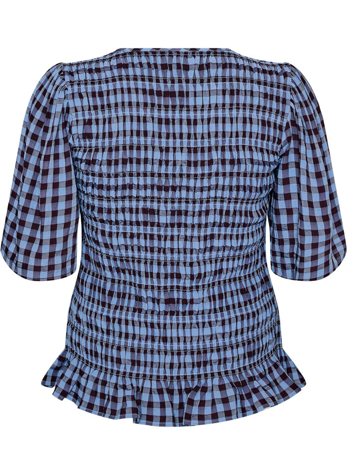 Smockbluse mit Vichy-Karo und R&uuml;schensaum, Blau, Packshot image number 1