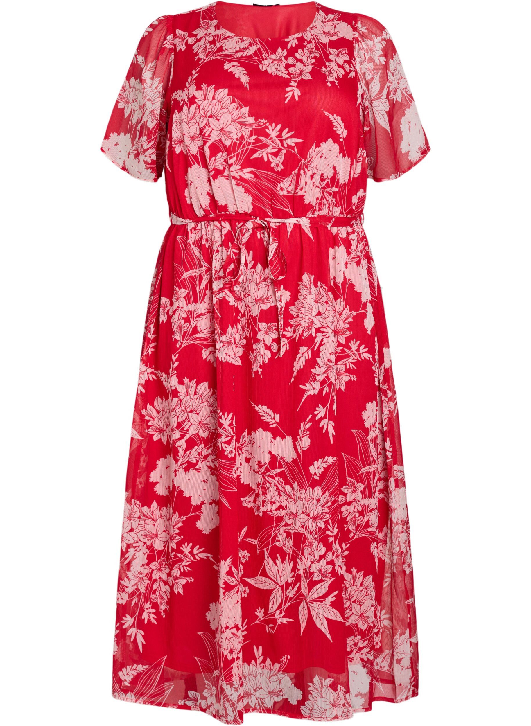 Zizzi Longue robe en mousseline &agrave; imprim&eacute; floral, Red Flower AOP, Packshot image number 0