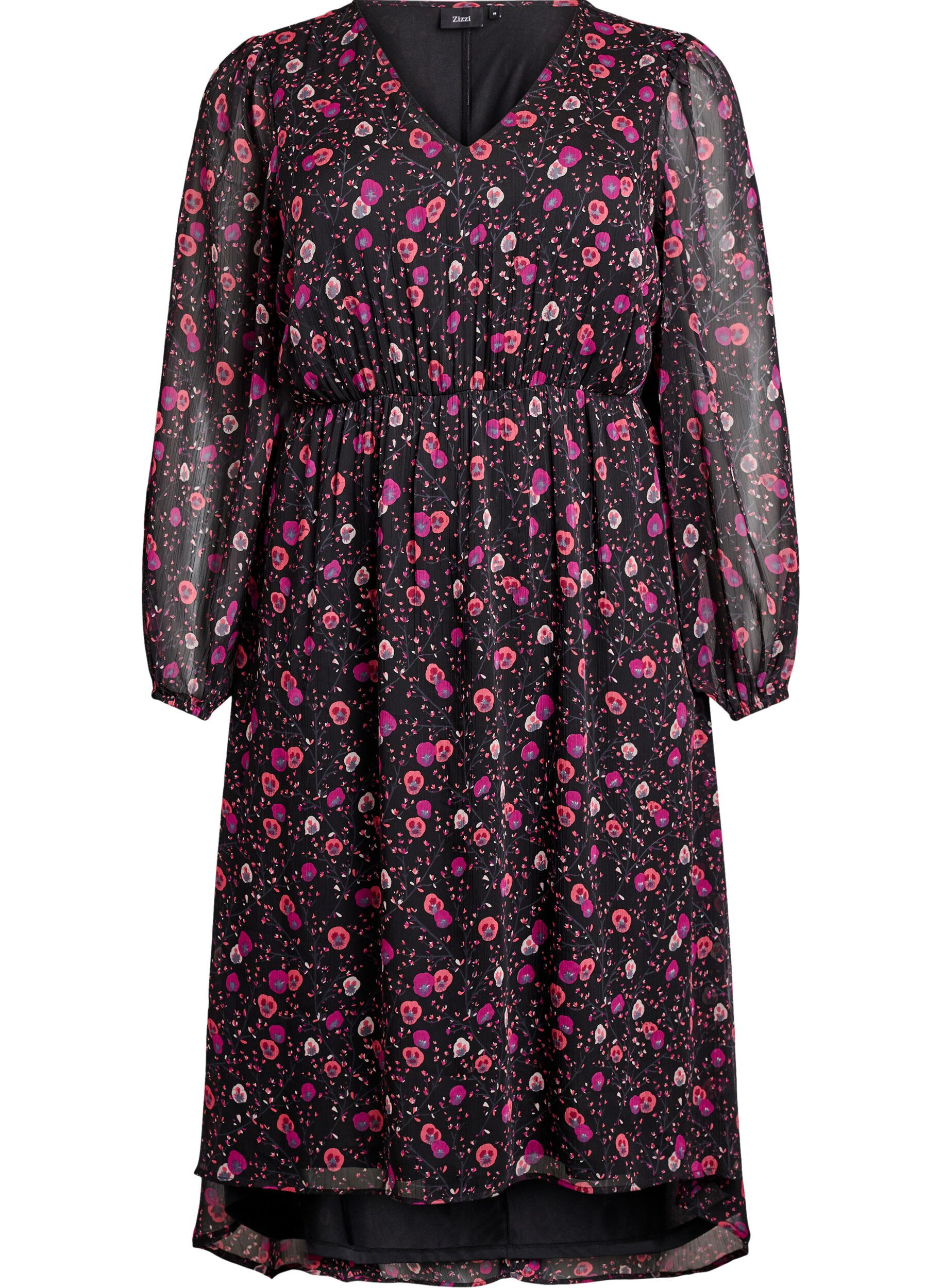 Zizzi Robe en mousseline &agrave; imprim&eacute; floral et manches longues, Noir, Packshot image number 0