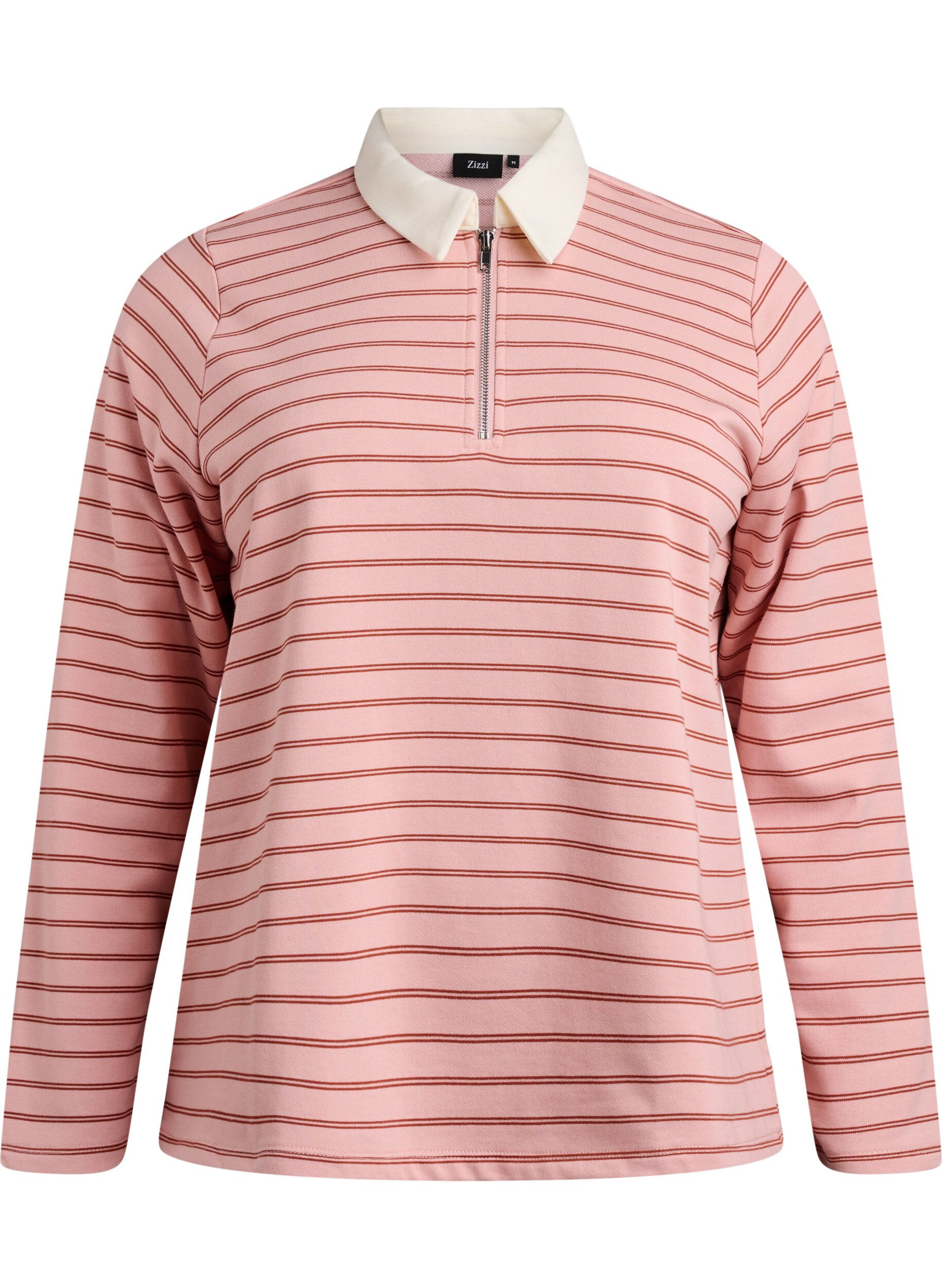 Zizzi Poloshirt mit Streifen und Rei&szlig;verschluss, Rot, Packshot image number 0