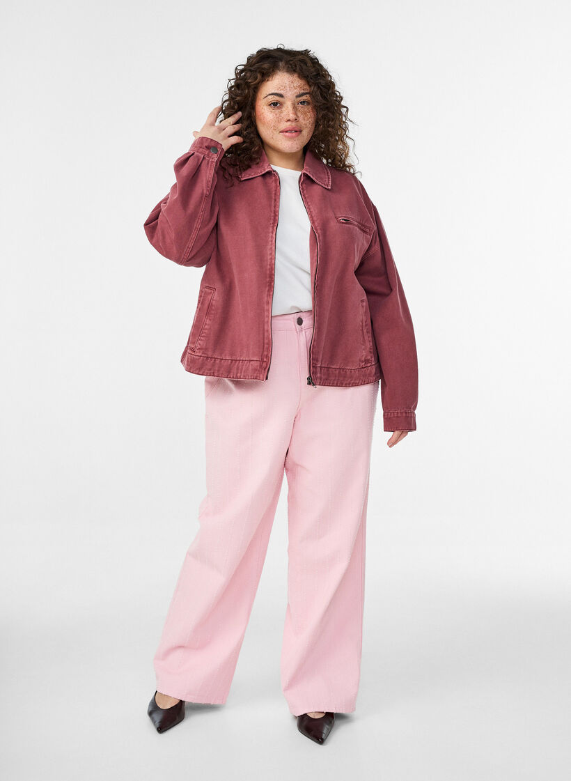Veste en denim color&eacute; avec fermeture zipp&eacute;e, Rose poudr&eacute;e, Model image number 1