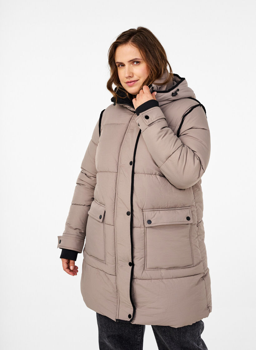 Steppjacke mit Kapuze und Kontrastdetails, Beige, Model image number 0