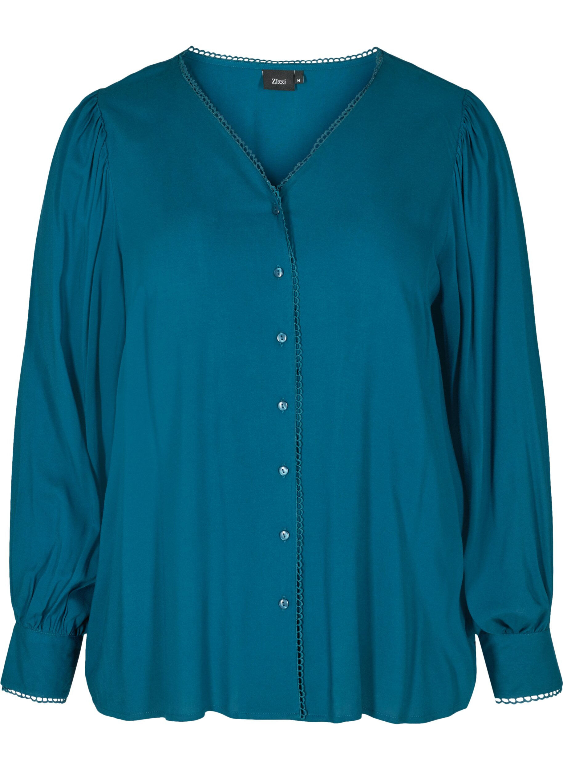 Zizzi Blouse en viscose avec boutons et manches bouffantes, Poseidon, Packshot image number 0