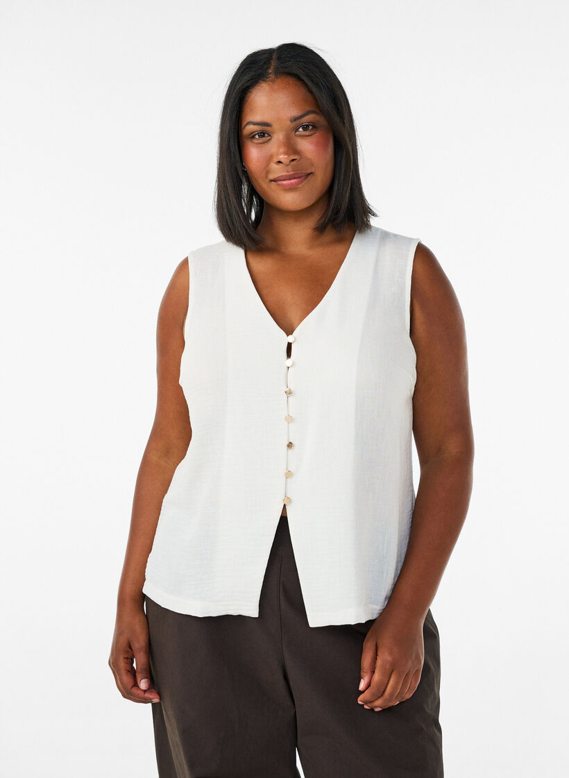 Gilet sans manches avec col en V et boutons, Vanille, Model image number 0