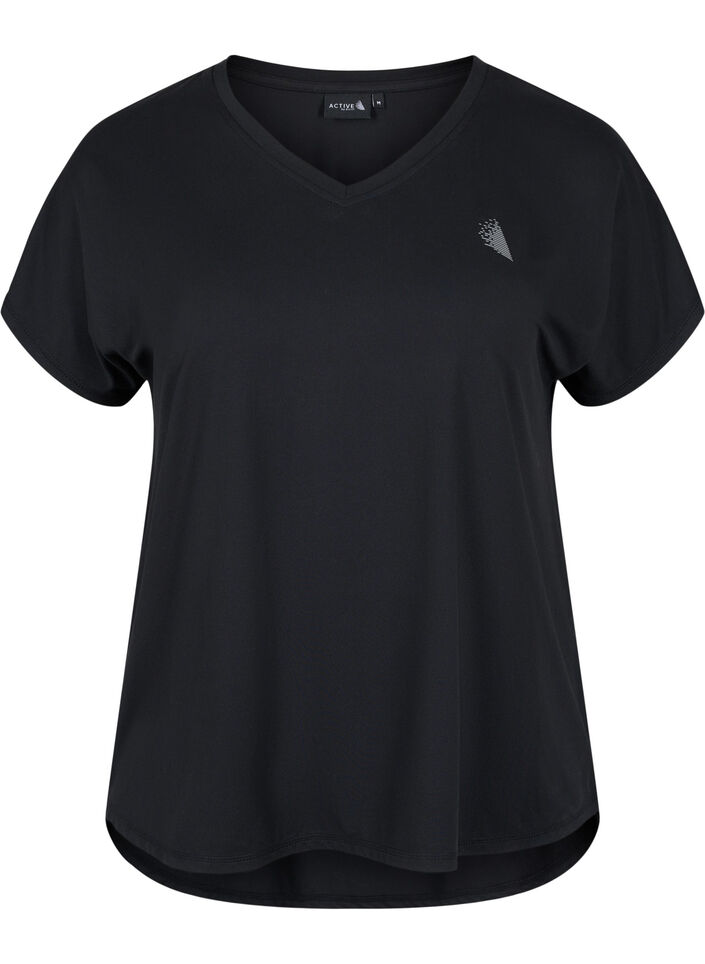 Kurzarm Trainingsshirt mit V-Ausschnitt, Schwarz, Packshot