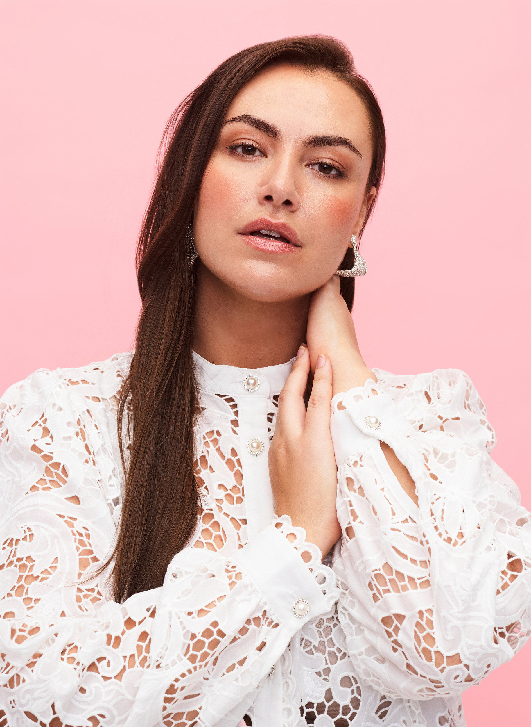 Zizzi Blouse fa&ccedil;on chemise &agrave; manches longues en dentelle, White, Model image number 2