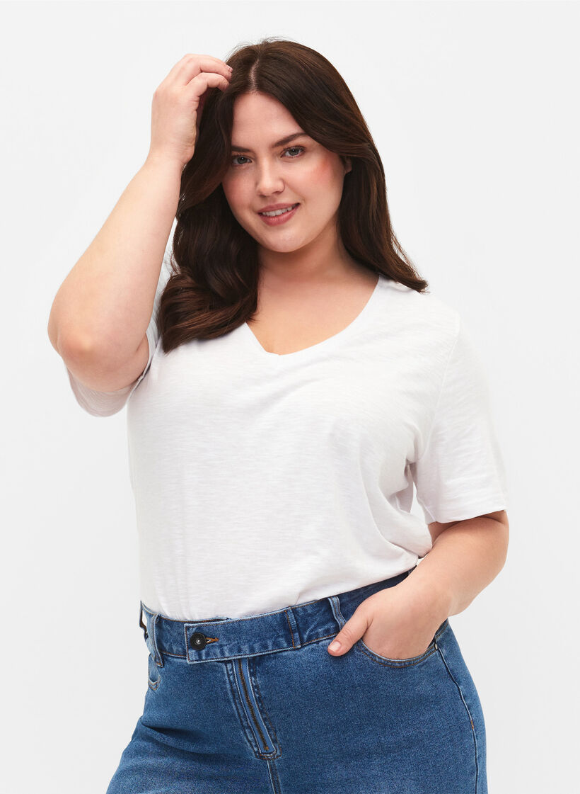 T-shirt basique à manches courtes et col en V, Blanc, Model image number 0