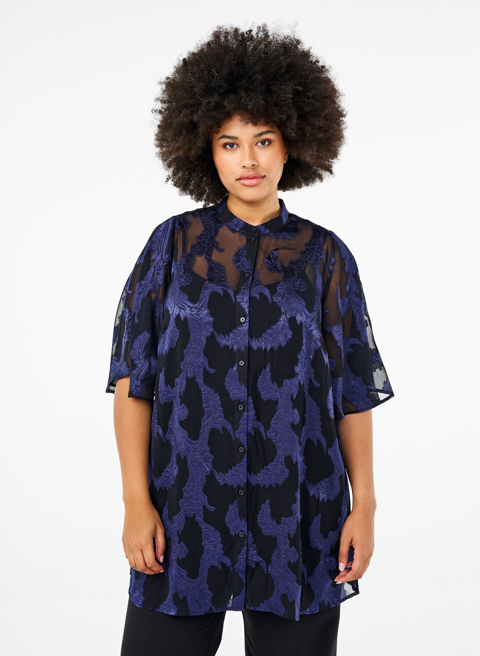 Zizzi Tunique en mousseline avec motif jacquard, Evening Blue, Model image number 0