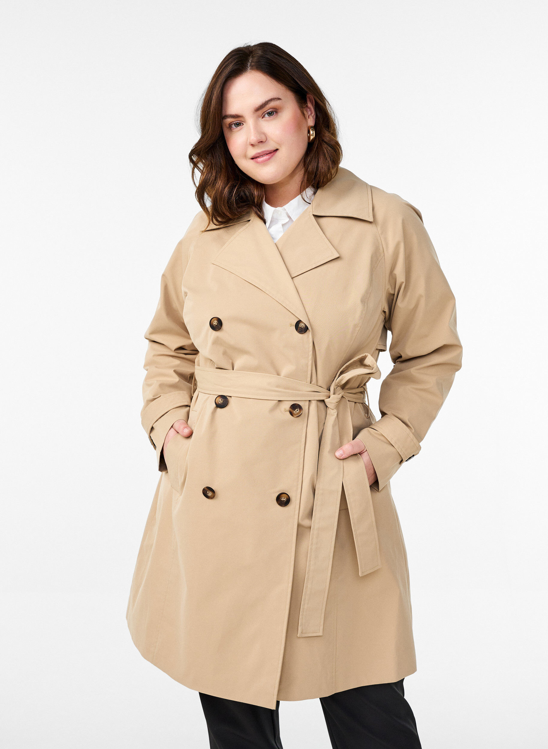 Zizzi Trenchcoat in Midi-L&auml;nge mit G&uuml;rtel, Incense, Model image number 0