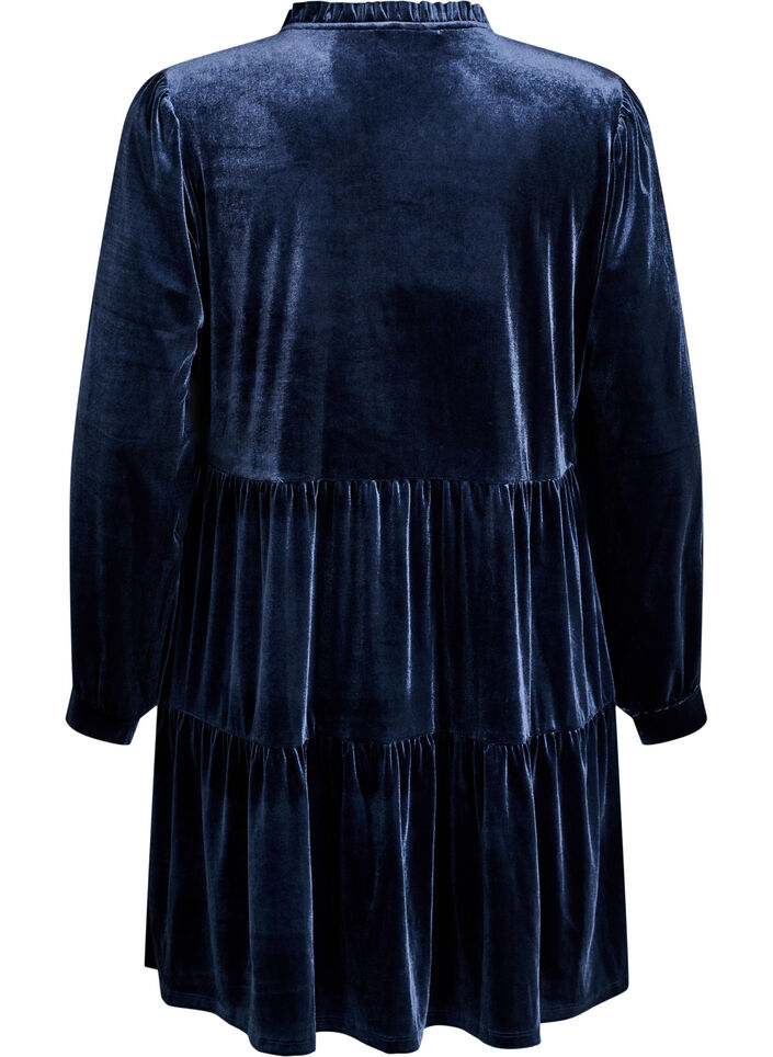 Robe courte en velours avec un col &agrave; volants et des manches longues, Bleu, Packshot image number 1