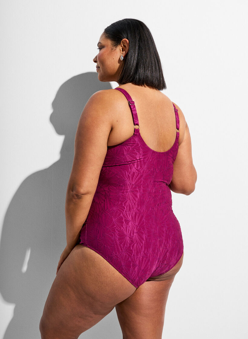 Maillot de bain avec d&eacute;tail crois&eacute; et texture florale ton sur ton, Bordeaux, Model image number 1