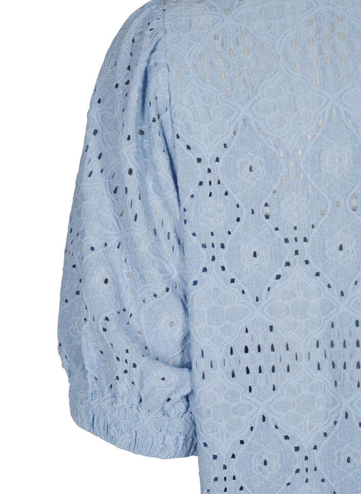 Robe courte avec col en V et motifs à trous, Cashmere Blue, Packshot image number 3