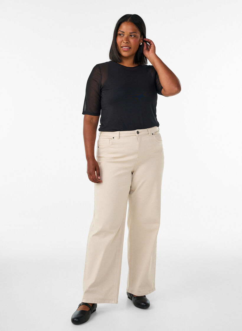 Top en maille avec manches courtes et col rond, Noir, Model image number 1