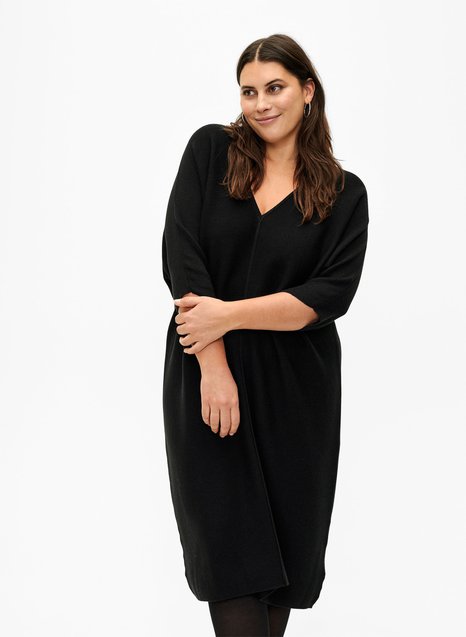 Zizzi Geripptes Kleid mit 3/4 &Auml;rmeln, Black, Model image number 0