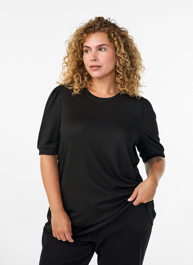 Bluse mit Knopfdetail und kurzen Puff&auml;rmeln, Schwarz, Model image number 0