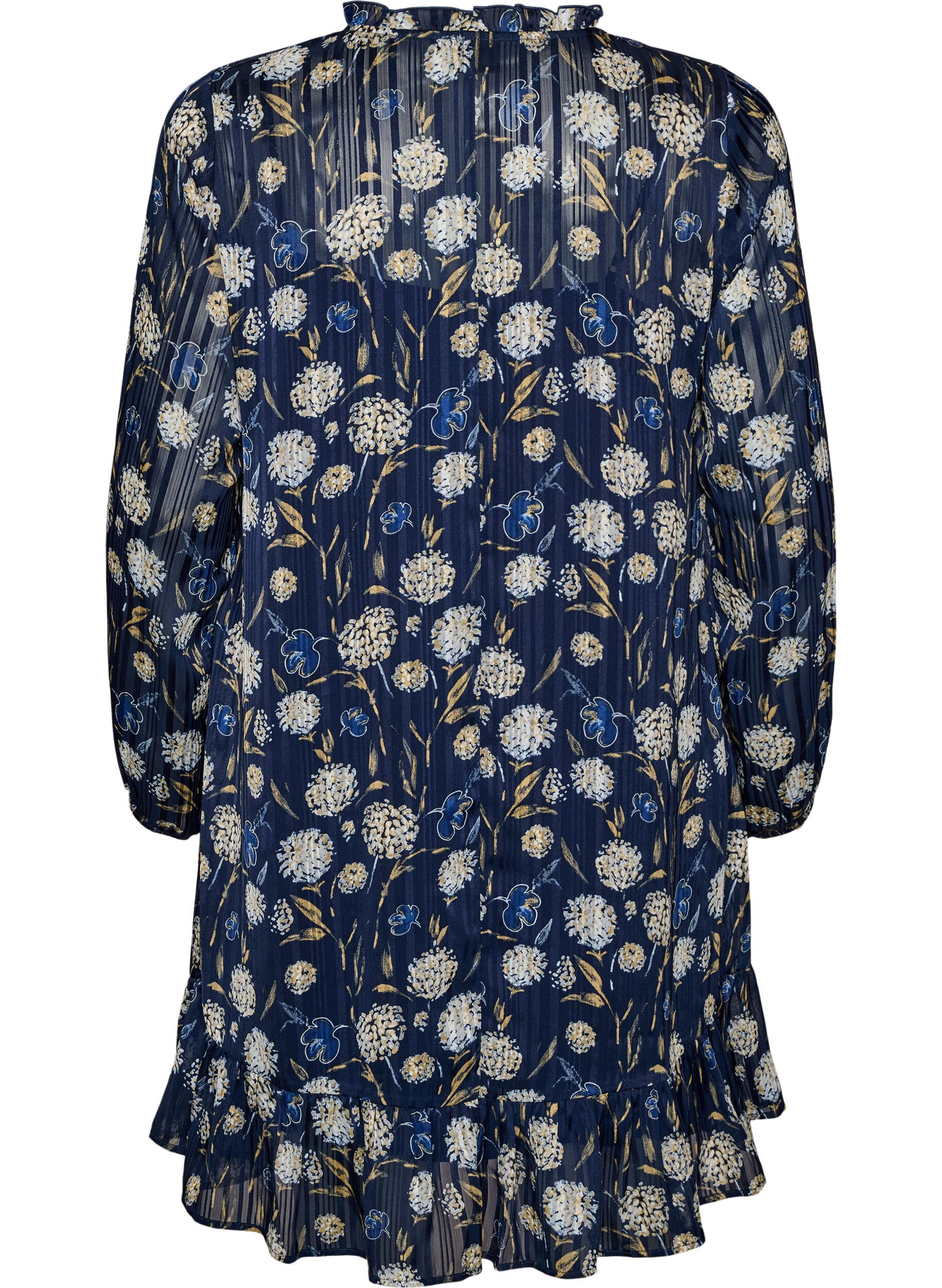 ZizziGemustertes Kleid mit R&uuml;schen und langen &Auml;rmeln, Blau, Packshot image number 1