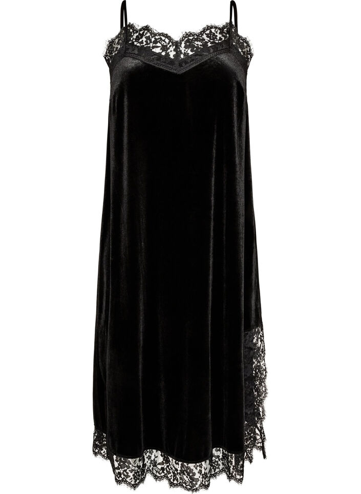 Samtkleid mit Spitze und Seitenschlitz, Schwarz, Packshot image number 0
