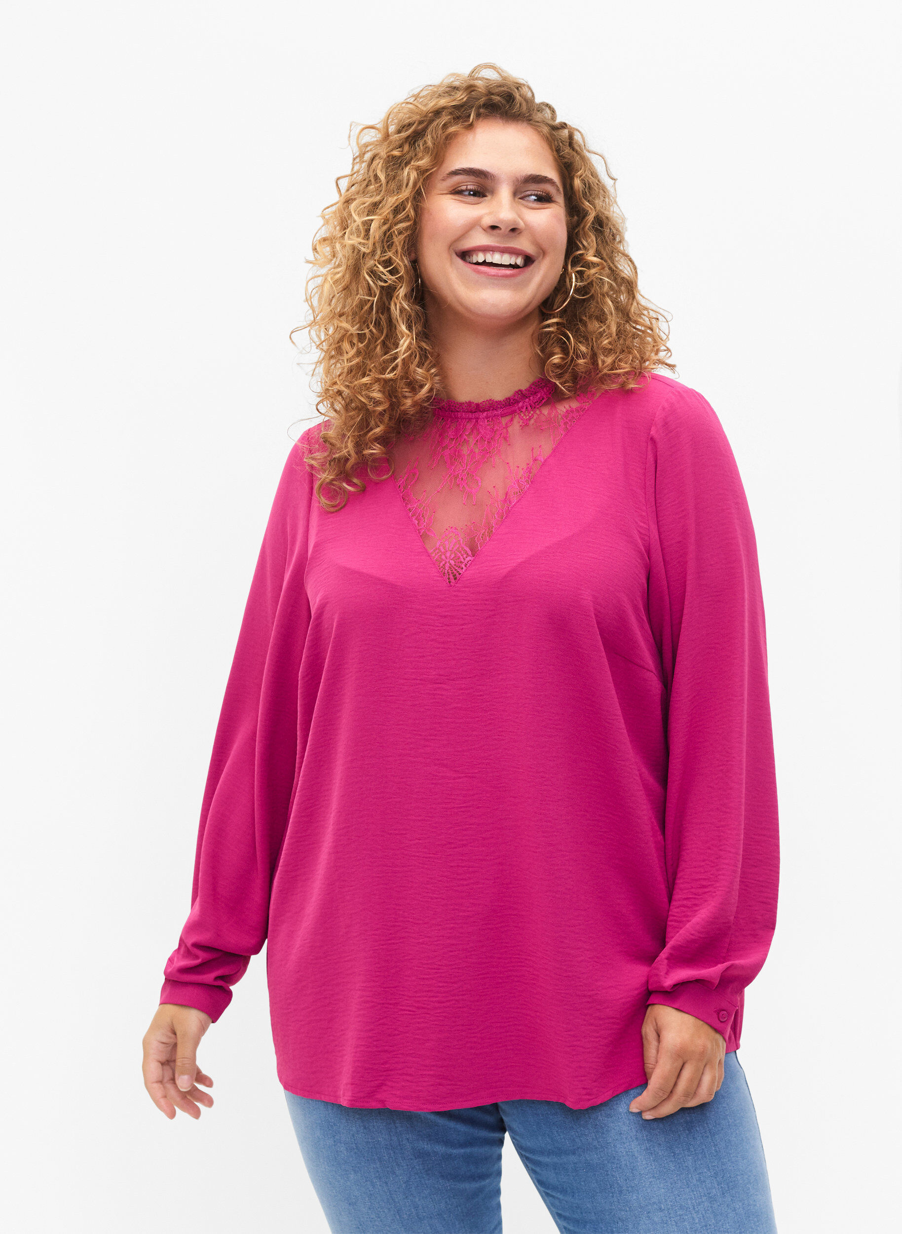 Zizzi Lang&auml;rmelige Bluse mit Spitzendetail, Festival Fuchsia, Model image number 0
