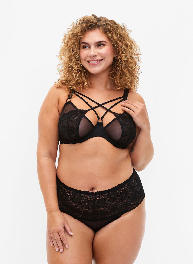 String en dentelle ouvert avec taille régulière, Black, Model image number 0