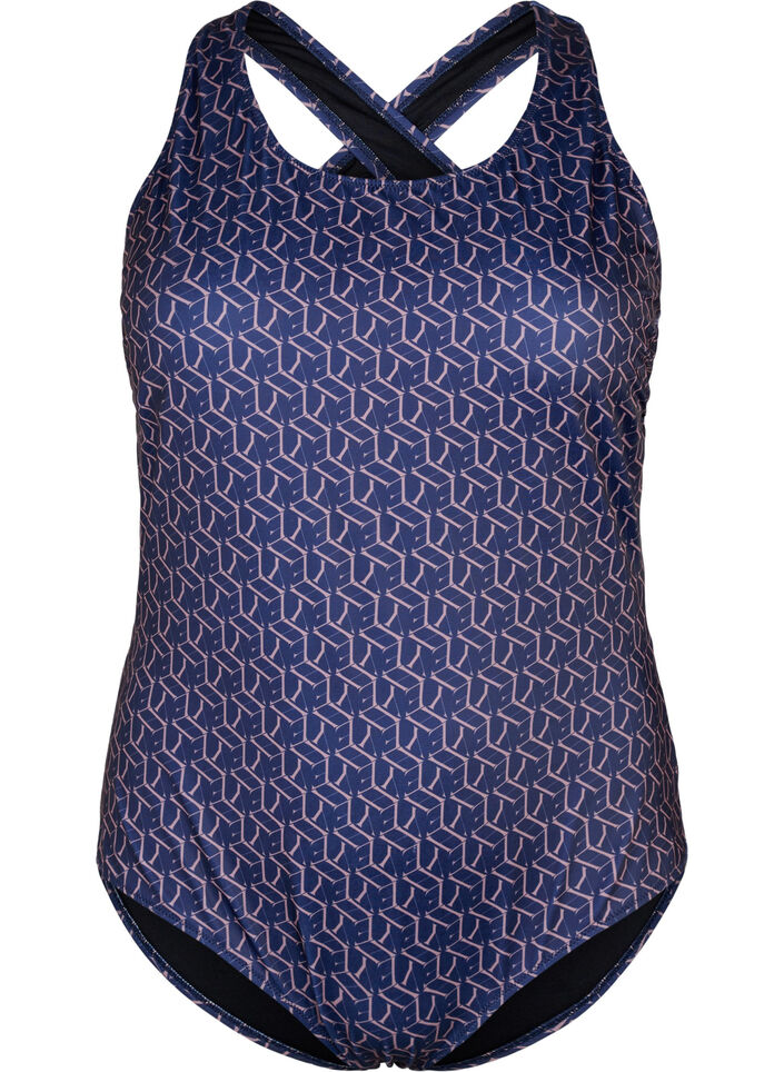 Badeanzug mit Print und Kreuz am Rücken, Text Print, Packshot image number 0