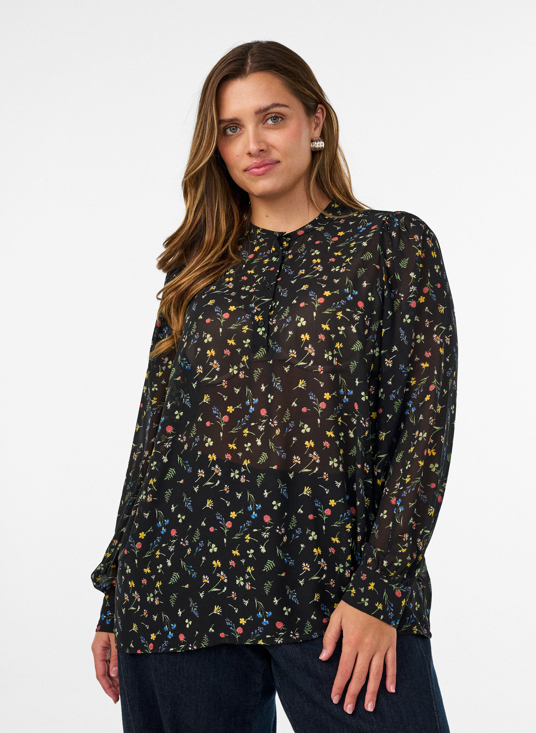 Blouse avec imprim&eacute; int&eacute;gral et patte de boutonnage courte, Noir, Model