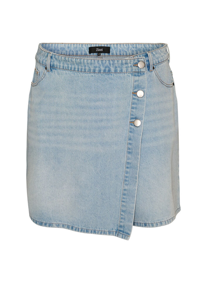 Denimskort mit Wickeloptik und hoher Taille, Blau, Packshot image number 0