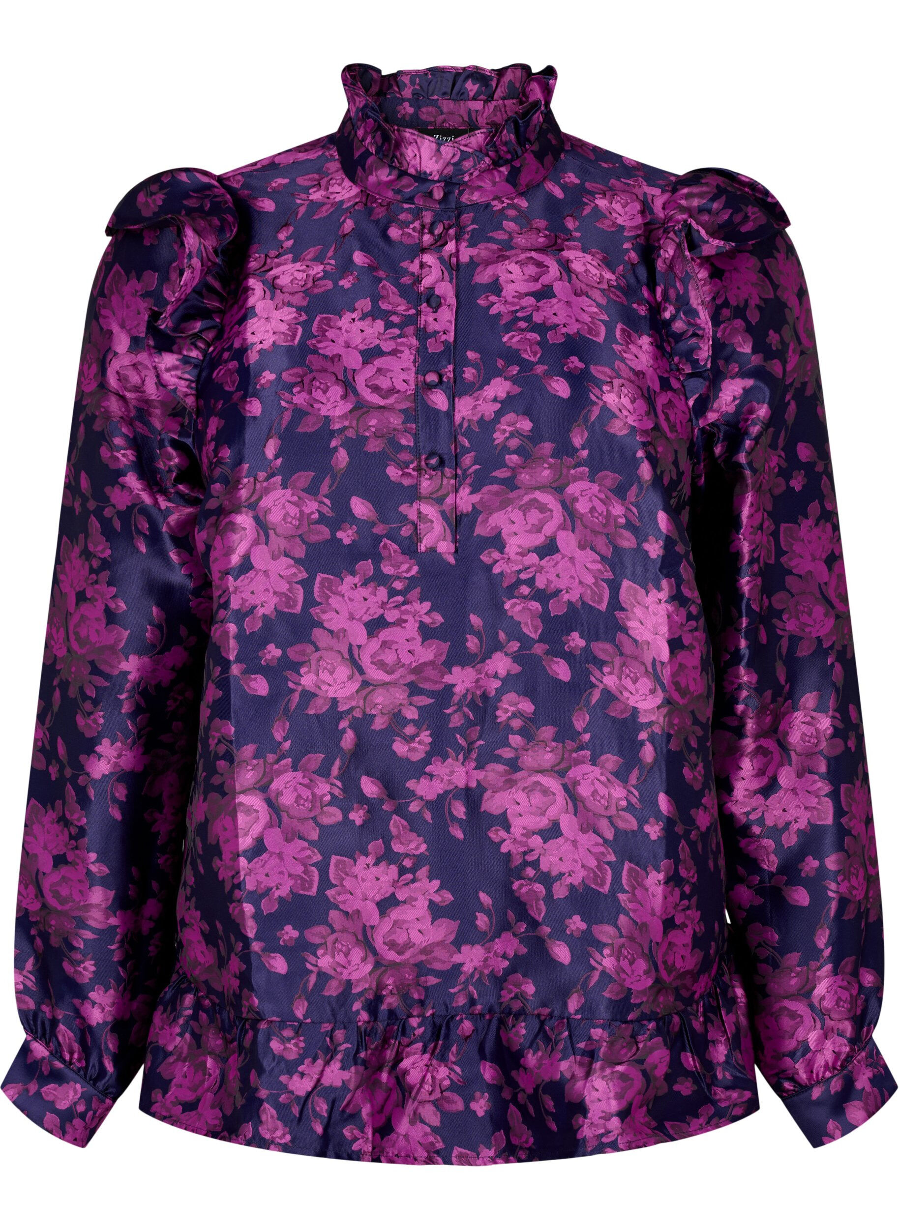 Zizzi Chemisier jacquard floral avec des volants, Dark Blue Pink, Packshot image number 0