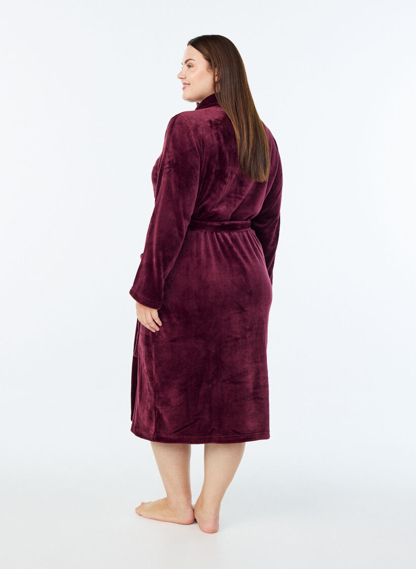 Morgenmantel aus weichem Velours mit Taschen, Dunkles Bordeaux, Model image number 1