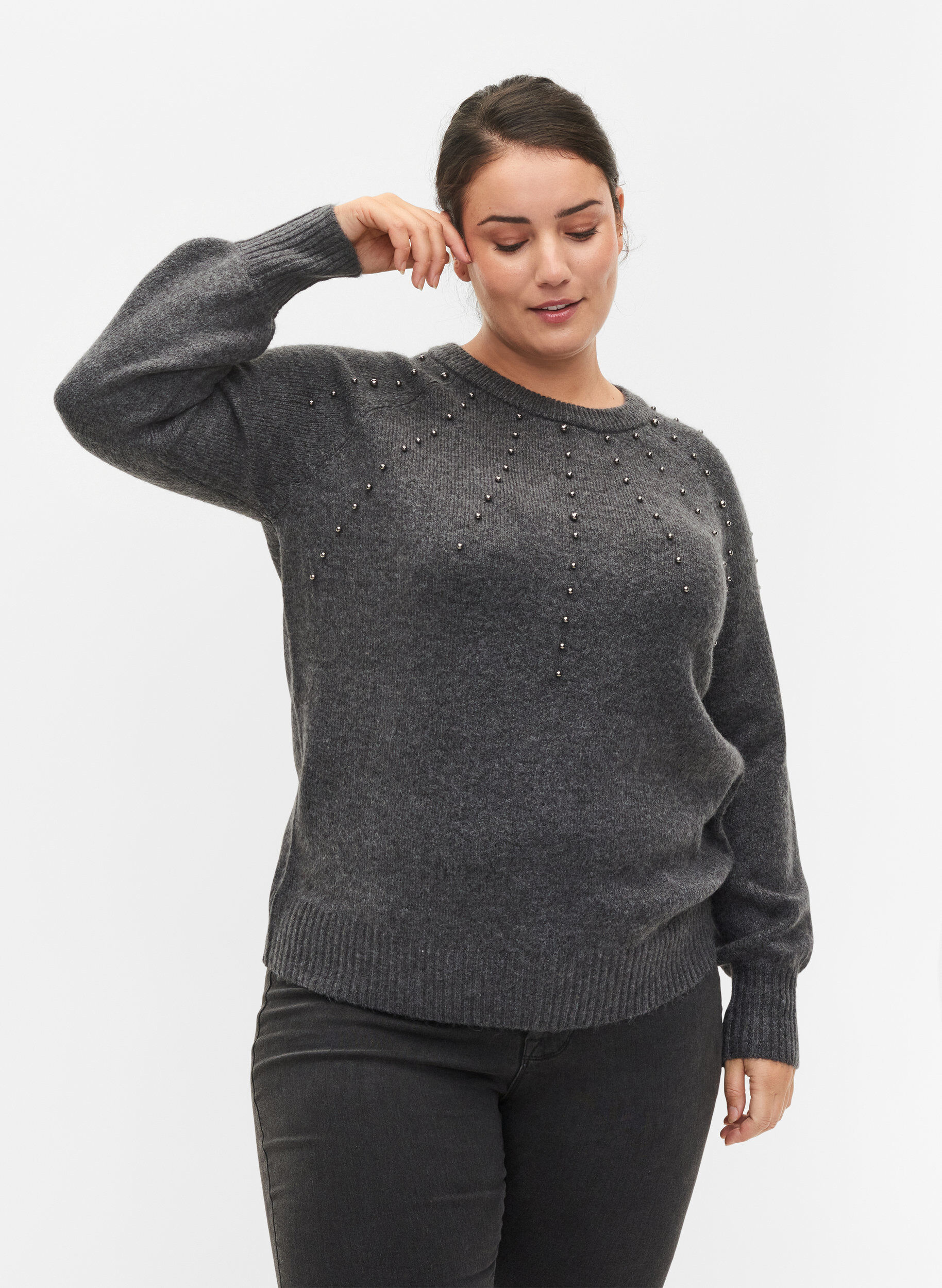 Zizzi 	 Strickbluse mit Perlen, Dark Grey Melange, Model image number 0