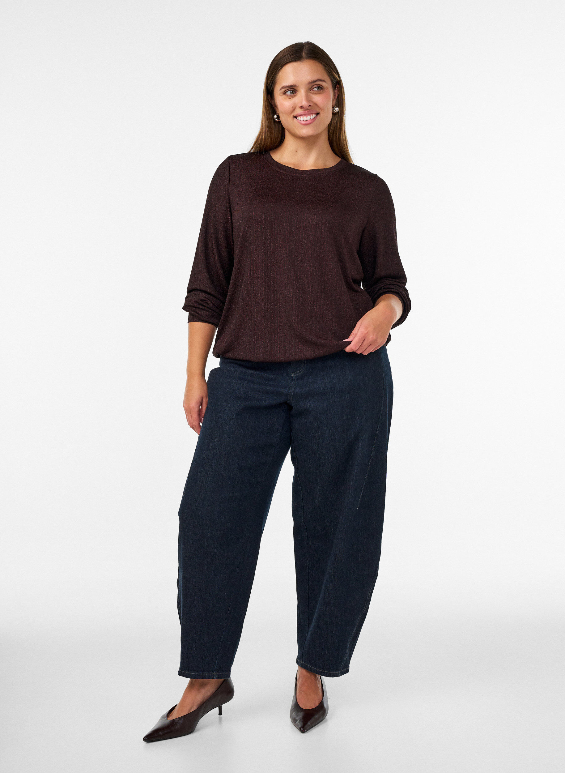 ZizziBlouse avec texture verticale et fils scintillants, Marron, Model image number 1