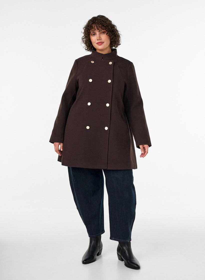 Manteau coupe &eacute;vas&eacute;e avec boutons dor&eacute;s, Marron, Model image number 1