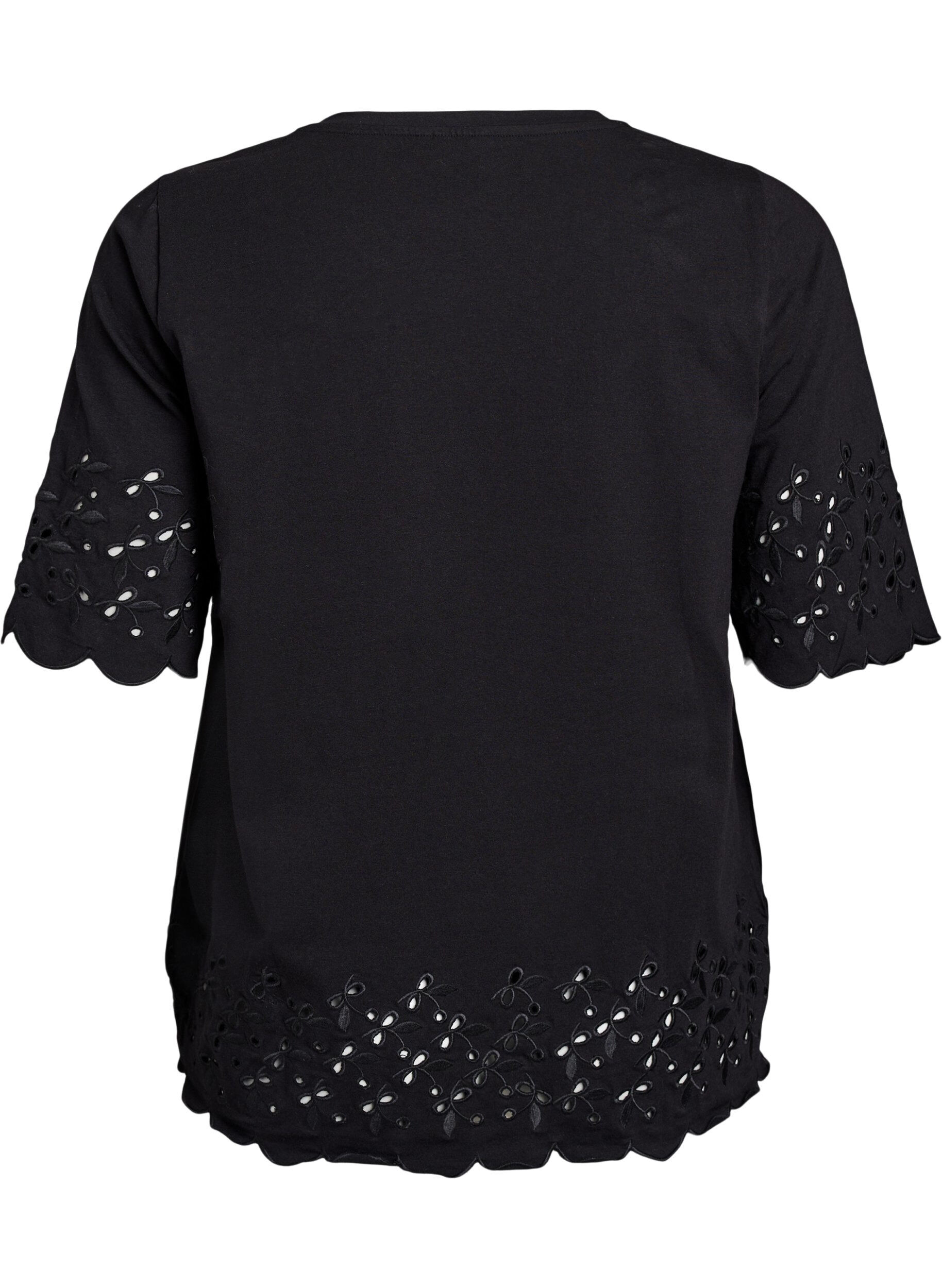 Zizzi T-Shirt Mit Broderie Anglaise Und Gewellten Kanten, Schwarz, Packshot image number 1