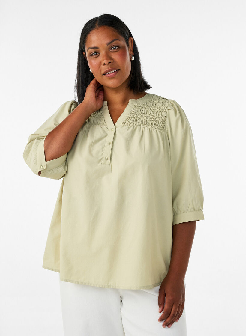 Blouse avec smock et manches 3/4, Vert clair, Model image number 0