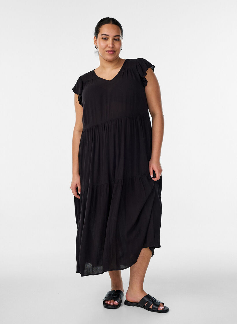 Midikleid aus Viskose mit R&uuml;schen&auml;rmeln, Schwarz, Model image number 0