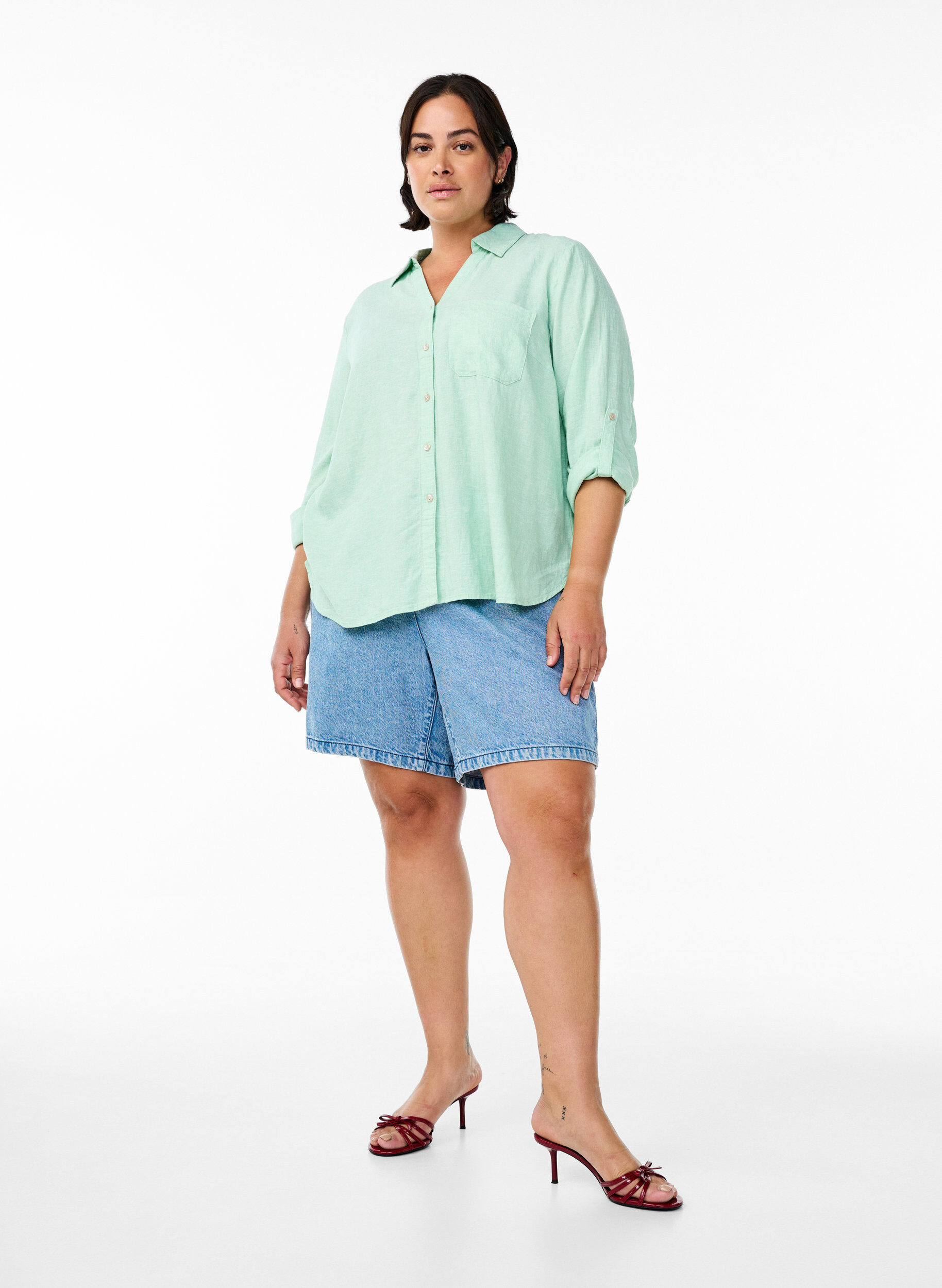 ZizziChemise en lin et viscose avec manches 3/4, Vert clair, Model image number 1