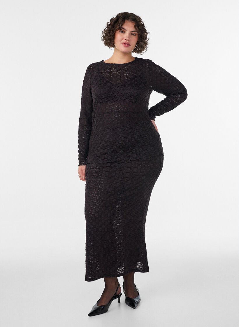 Bluse mit Lochmuster und langen &Auml;rmeln, Schwarz, Model image number 1