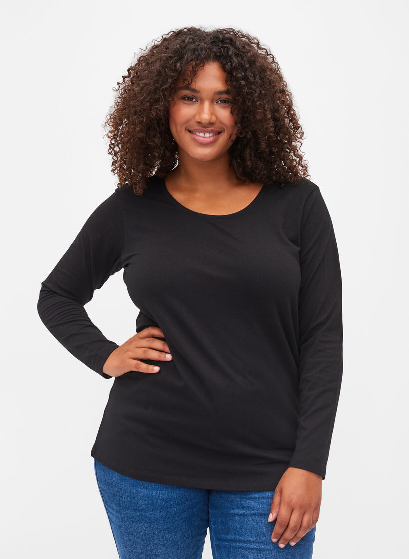 Top basique uni en coton, Solid Black, Model image number 0