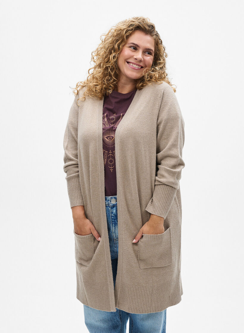 Strickjacke mit Rippenstrick und Taschen, Beige, Model image number 0