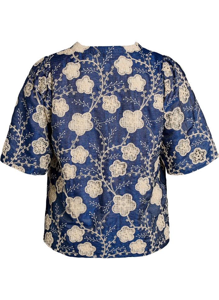Bluse mit V-Ausschnitt und gesticktem Muster, Blau, Packshot image number 1