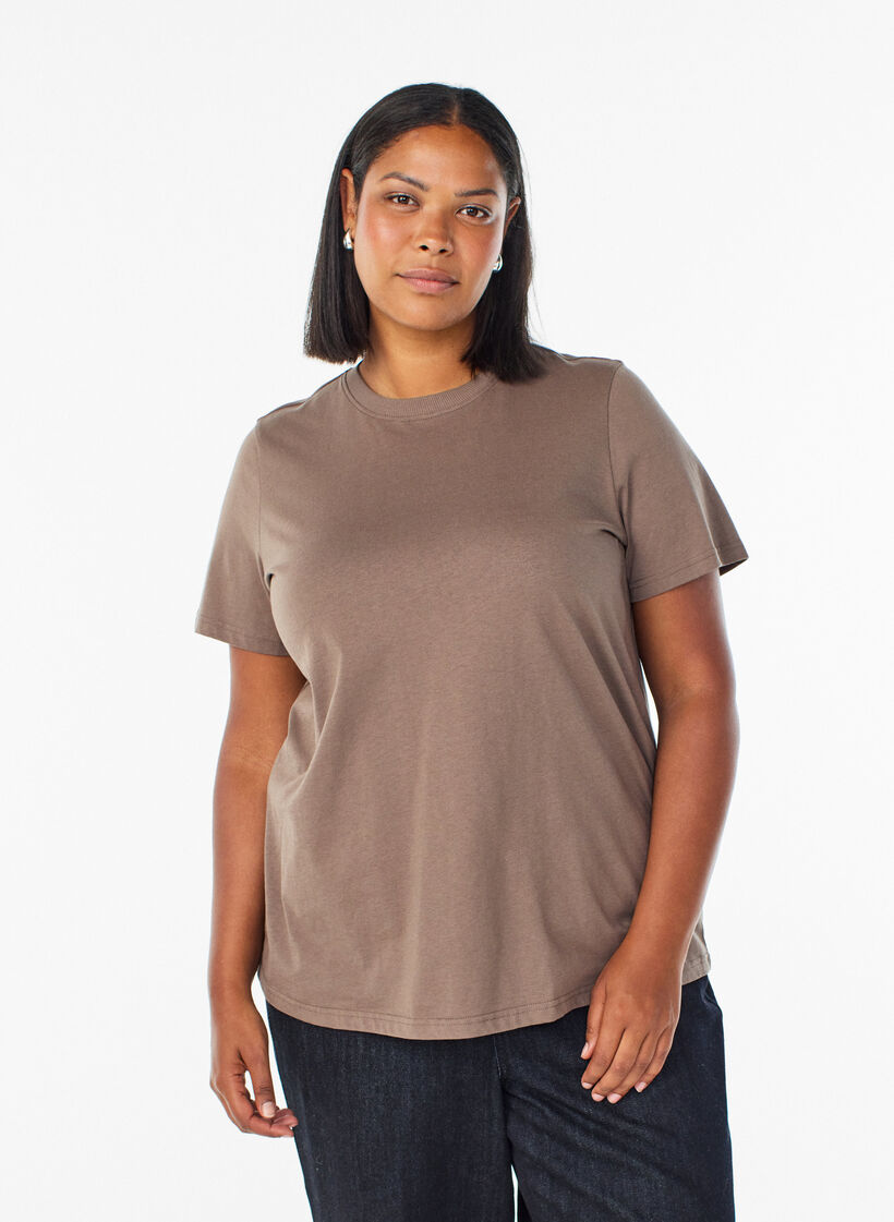T-shirt basique en coton &agrave; col rond, Marron, Model image number 0