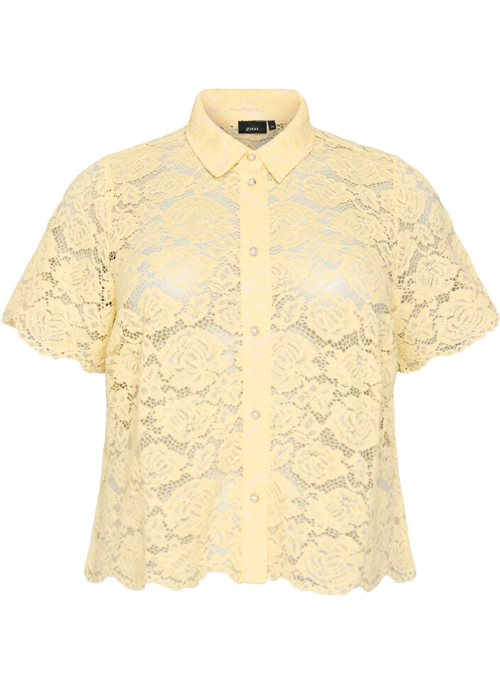 Spitzen blusenshirt mit perlenkn&ouml;pfen, Gelb, Packshot image number 0