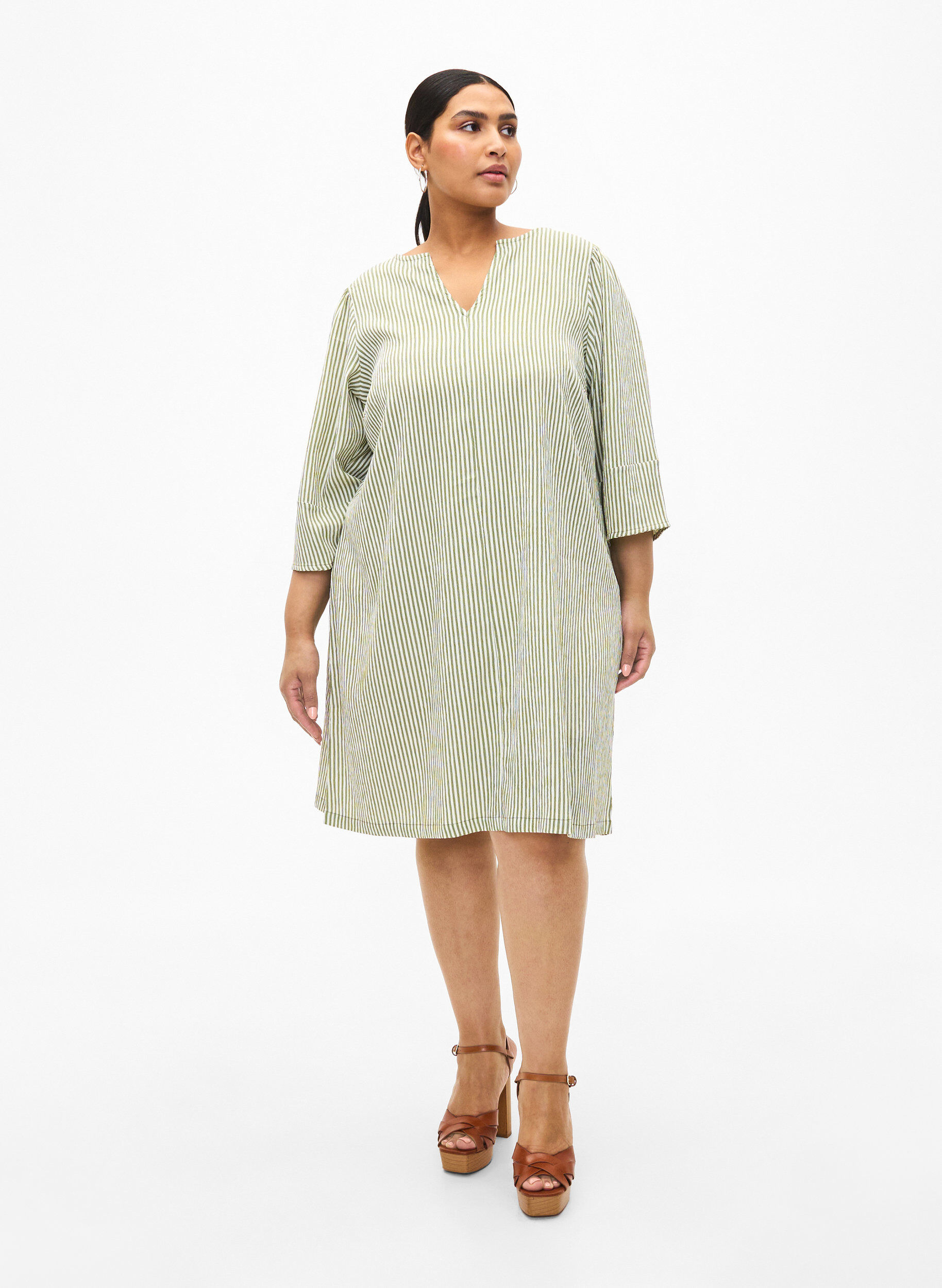 Zizzi Gestreiftes Kleid mit 3/4-&Auml;rmeln, Green Stripe, Model image number 2