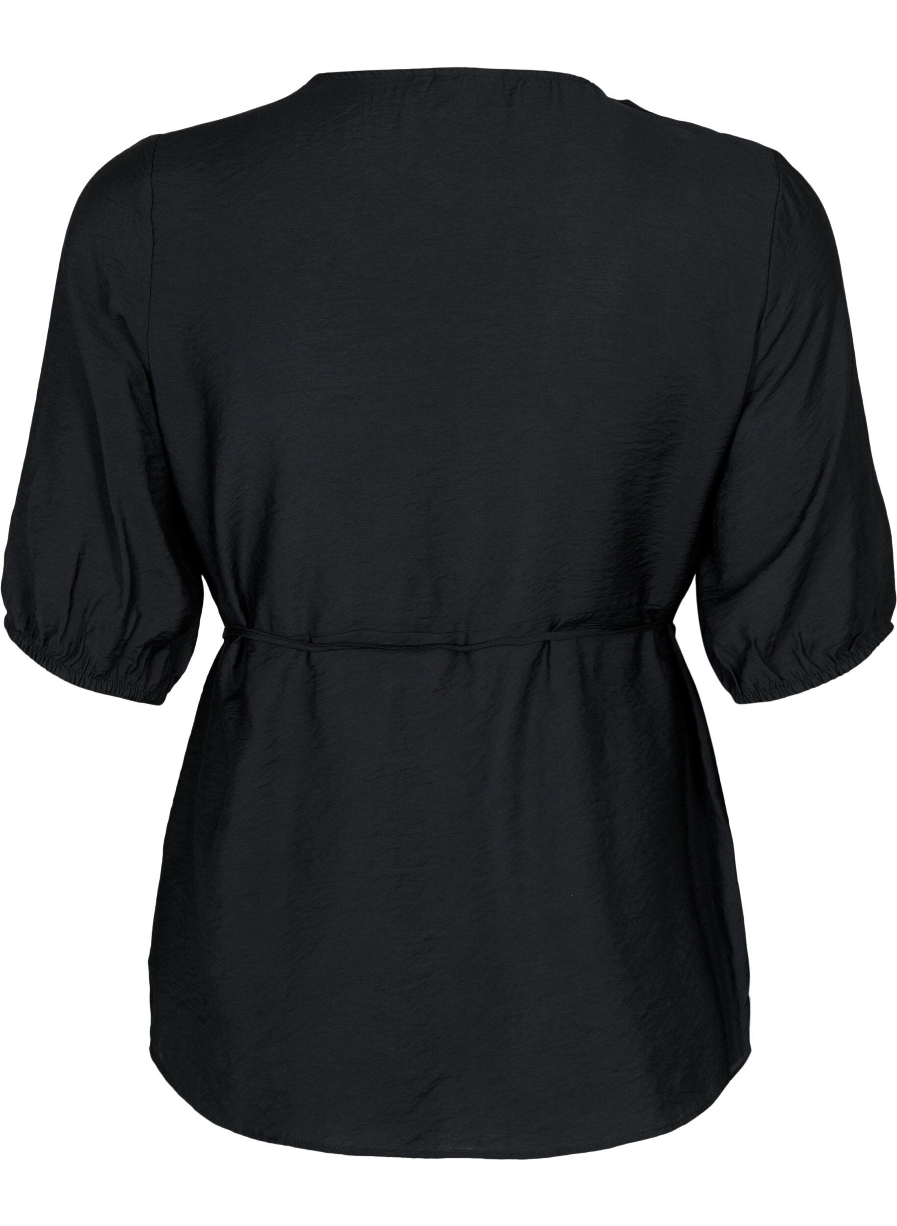 Zizzi Blouse cache-c&oelig;ur en viscose avec manches mi-longues, Black, Packshot image number 1