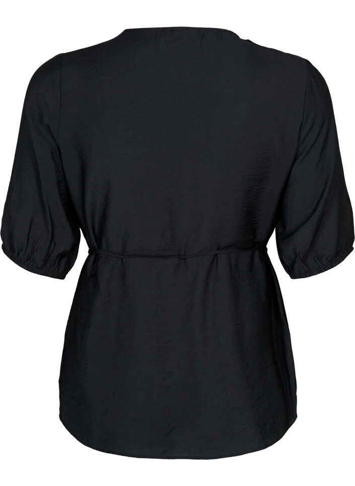 Blouse cache-cœur en viscose avec manches mi-longues, Black, Packshot image number 1