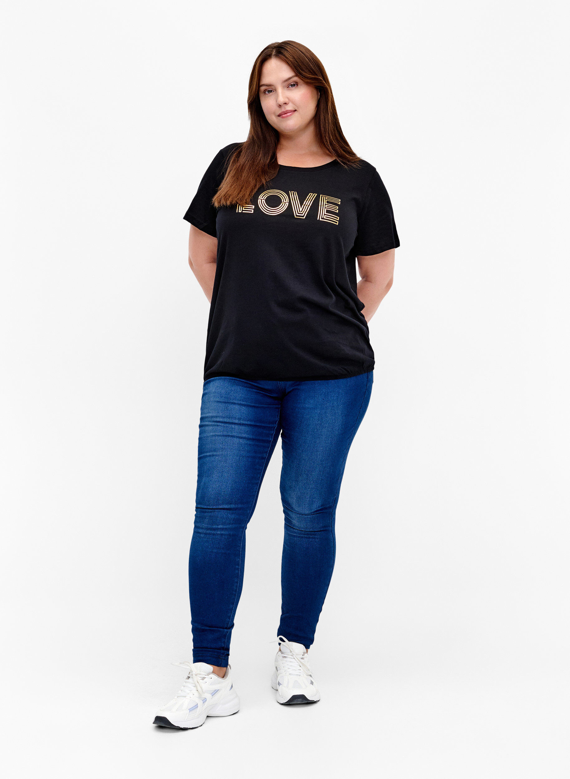 Zizzi T-shirt en coton avec imprim&eacute; m&eacute;tallis&eacute;, Black W. Love, Model image number 2