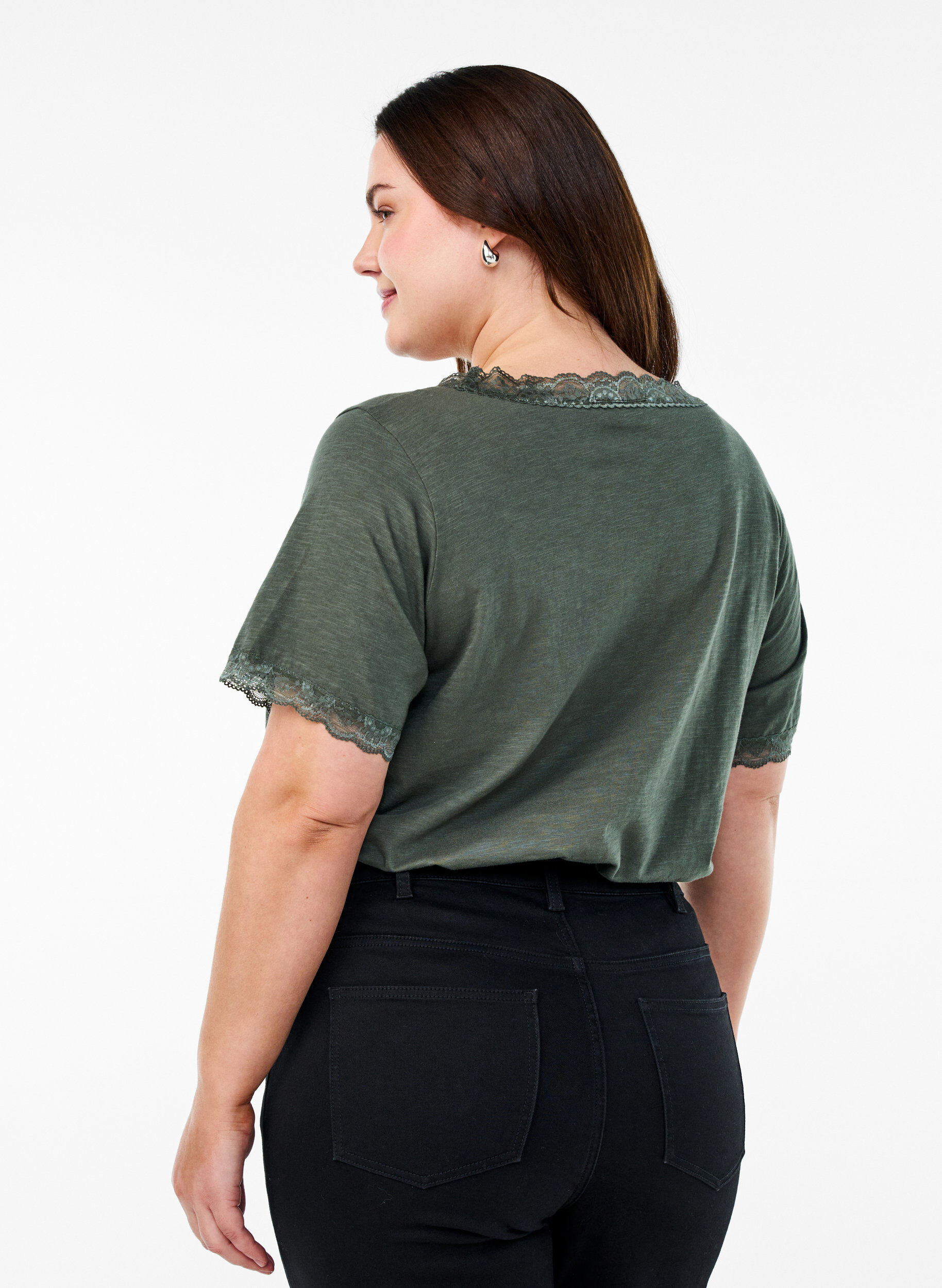 Zizzi T-shirt avec finitions en dentelle, Vert, Model image number 2