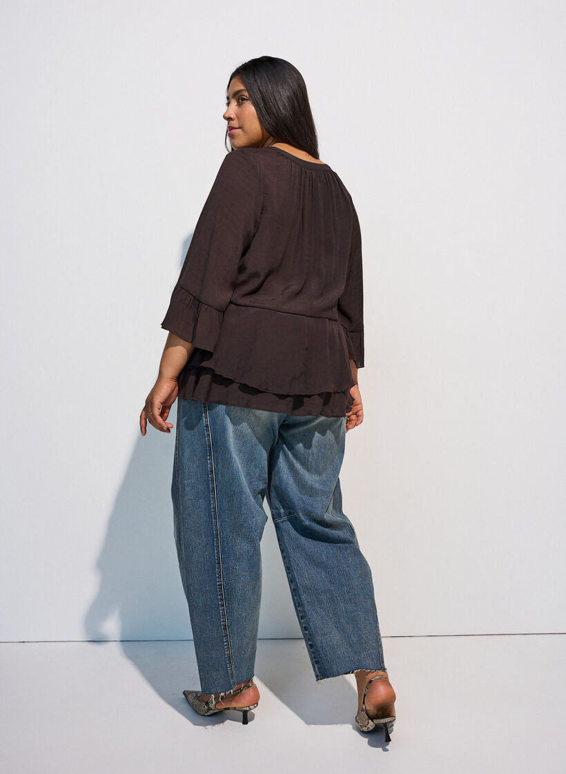 Bluse mit 3/4-&Auml;rmeln und R&uuml;schendetails, Braun, Model image number 2