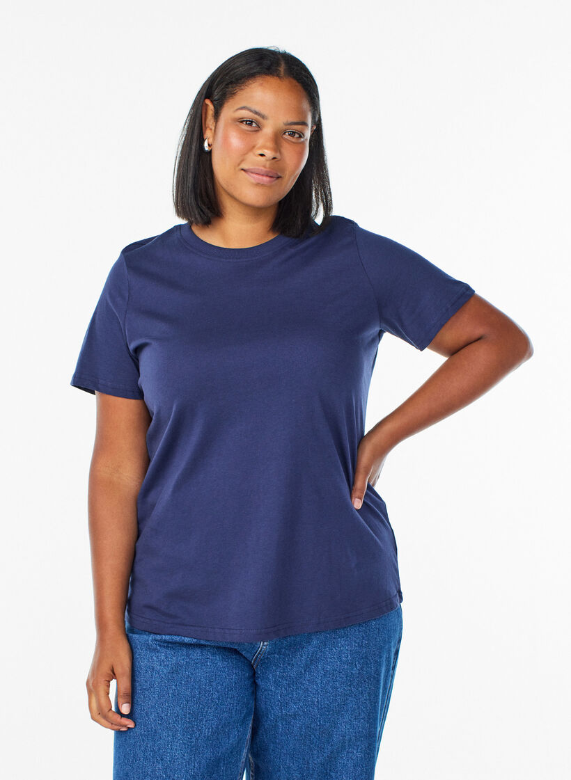 T-shirt basique en coton &agrave; col rond, Bleu, Model image number 0