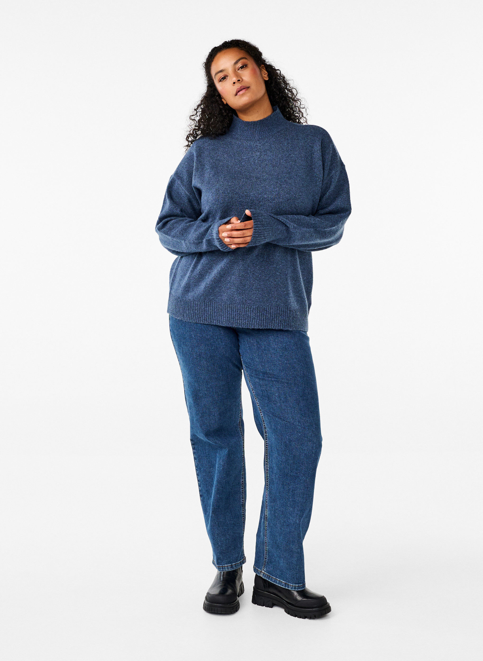 Zizzi Chemisier en laine tricot&eacute;e &agrave; col montant, Bering Sea Mel., Model image number 2